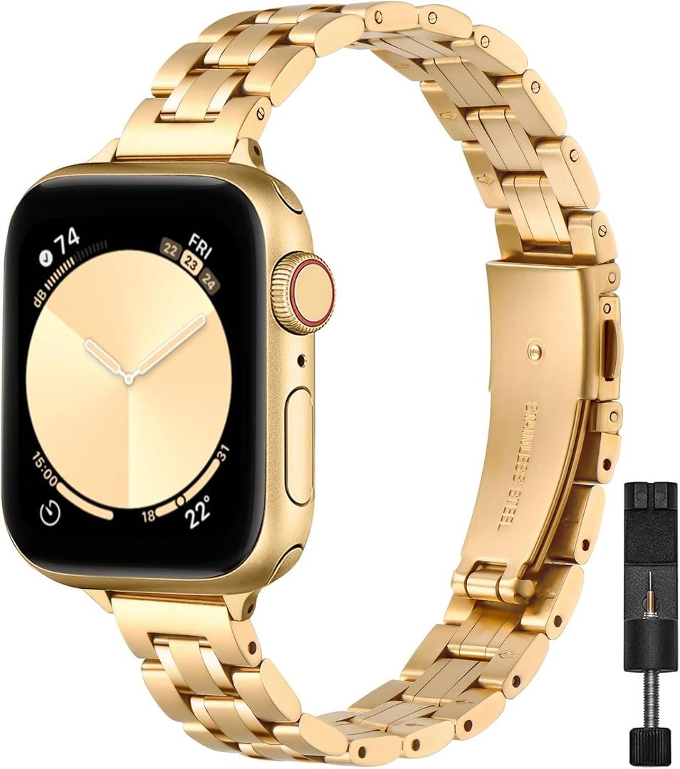 STIROLL Thin Replacement Band Compatible for Apple Watch 38mm 40mm 41mm 42mm(Series 11 10), Stainless Steel Metal Wristband Women Men for iWatch SE Series 9 8 7 6 5 4 3 2 1, Gold
