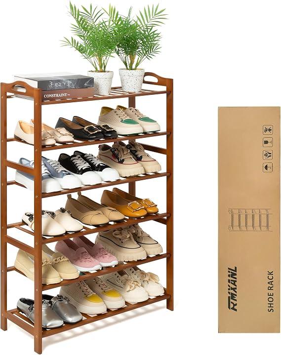 RMXANL 6 Tier Bamboo Shoe Rack, Free Standing Shoes Rack Shoe Shelf Shoe Organizer for Closet, Entryway, Bedroom, Living Room, Front Door, Studio, Bathroom, 