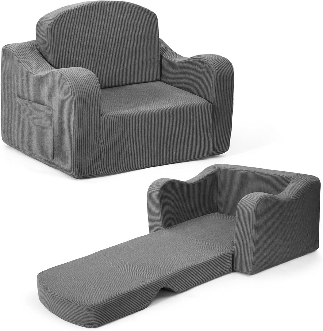 Comfy Toddler Chair for Kids, 2-in-1 Toddler Soft Plush Couch Fold Out, Convertible Kids Couch to Lounger, Baby Sofa for Boys and Girls,Grey