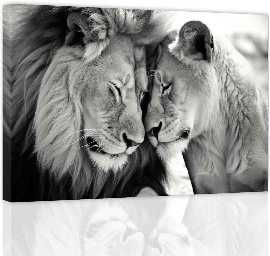 ZXHYWYM Lion and Lioness Wall Art Black and White Lion Picture Wildlife Painting Animal Canvas Artwork Modern Home Living Room Wall Decor Frame (B, (16.00" x 24.00"))