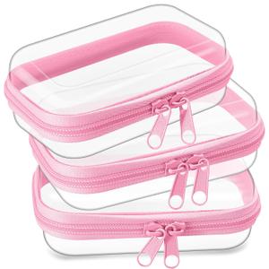 Hoolerry 3 Pcs Clear Hard Zipper Case Hard Plastic Zipper Pouch Makeup Bag Portable Travel Organizer for Cosmetics, Office Supplies, Documents & Toiletries(Pink,Xs)