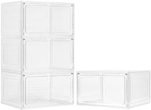 LXLXXL Purse Organizer for Closet 4 Pack Stackable Storage Bins with Lids Clear Plastic Handbag Organizer Purse Storage with Magnetic Door Display Case for Cosmetic Hats, White