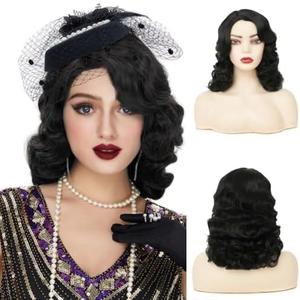 Amnenl Black Curly Finger Wave Wigs for Women Long 1920s Wig Vintage Wigs Lady Synthetic Cosplay Costume Wig
