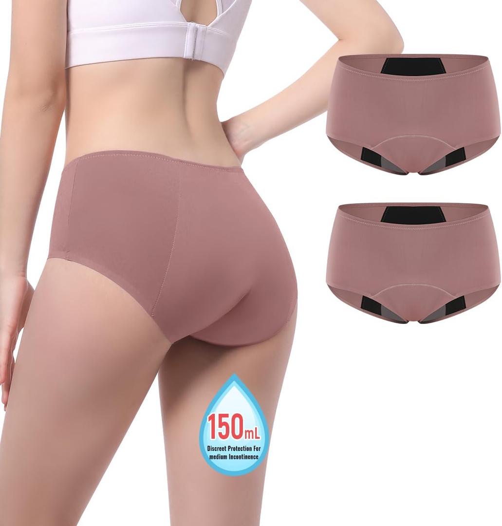 Incontinence Underwear for Women 150ml High Absorbent Leak Proof Underwear for Women Washable Women's Incontinence Panties for Incontinence Postpartum Bladder Leak 2 Pack Dusty Rose L (Dusty Rose-2)