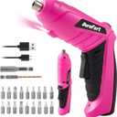 Pink Cordless Electric Screwdriver Set, 3.7V Rechargeable Small Electric Drill with 25pcs Driver Bit Set, Power 3Nm Screw Gun with 2 Position Handle, Flexible Shaft LED Light for Women