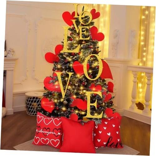 HunnmingRe 17 Pcs Valentines Day Decoration Tree Ornament Extra Large Love Tree Topper Valentine Pillow Cover Romantic Wood Heart Ornament Picks Red for Wedding Holiday Party Anniversary Decor