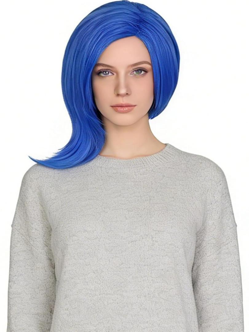 Half and Half Blue Emotion Wig + Glasses + Wig Cap Short Blue Wig Vibrant Blue Side Part Wigs for Halloween Party Costumes