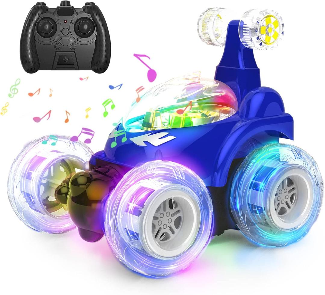 Kizeefun RC Stunt Car Invincible 360 Rolling Twister with Colorful Lights & Music, Rechargeable Remote Control Car for Boys and Girls (Blue)