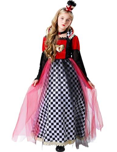 ZEXIGLAD Queen of Hearts Costume Kids Alice In Wonderland Girls Red Heart Queen Girls Halloween Costume Fancy Evil Dress Outfit with Crown 12-14Y Red Heart 150CM