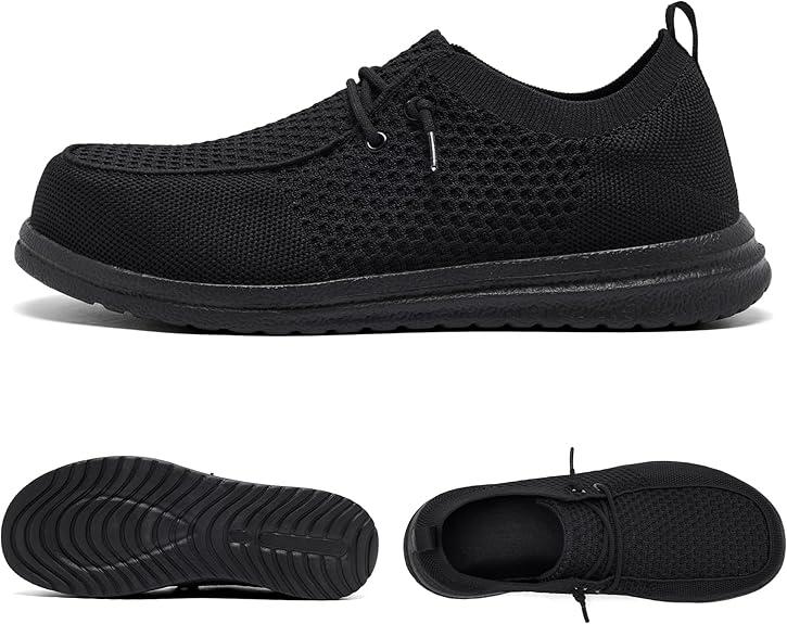 Men's Grey Steel Toe Loafers, Work Safety Shoes, Slip-On, Comfortable, Non-Slip, Breathable, Lightweight, 14, All Black/153