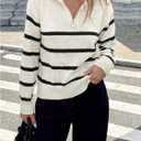 Milumia Women's Striped Half Zip Pullover Sweater Mock Neck Long Sleeve Ribbed Knit Pullover Tops