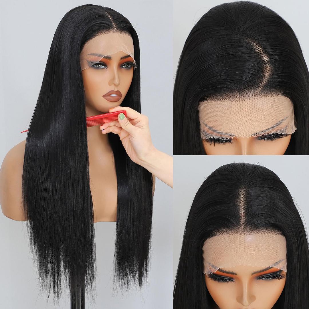 13x4 Synthetic Lace Front Wig Long Straight Hair Wig For Black Women 26 inch Hd Lace Front Wigs Glueless Pre Plucked Synthetic Wig For Daily Use Ready To Wear Natural Color(1B)