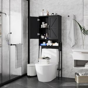 Over The Toilet Storage Cabinet with 2-Door Design Bathroom Organizers and Storage with Anti-Tip Device Over Toilet Organizer with Shelves for Bathroom, Restroom, Laundry Black