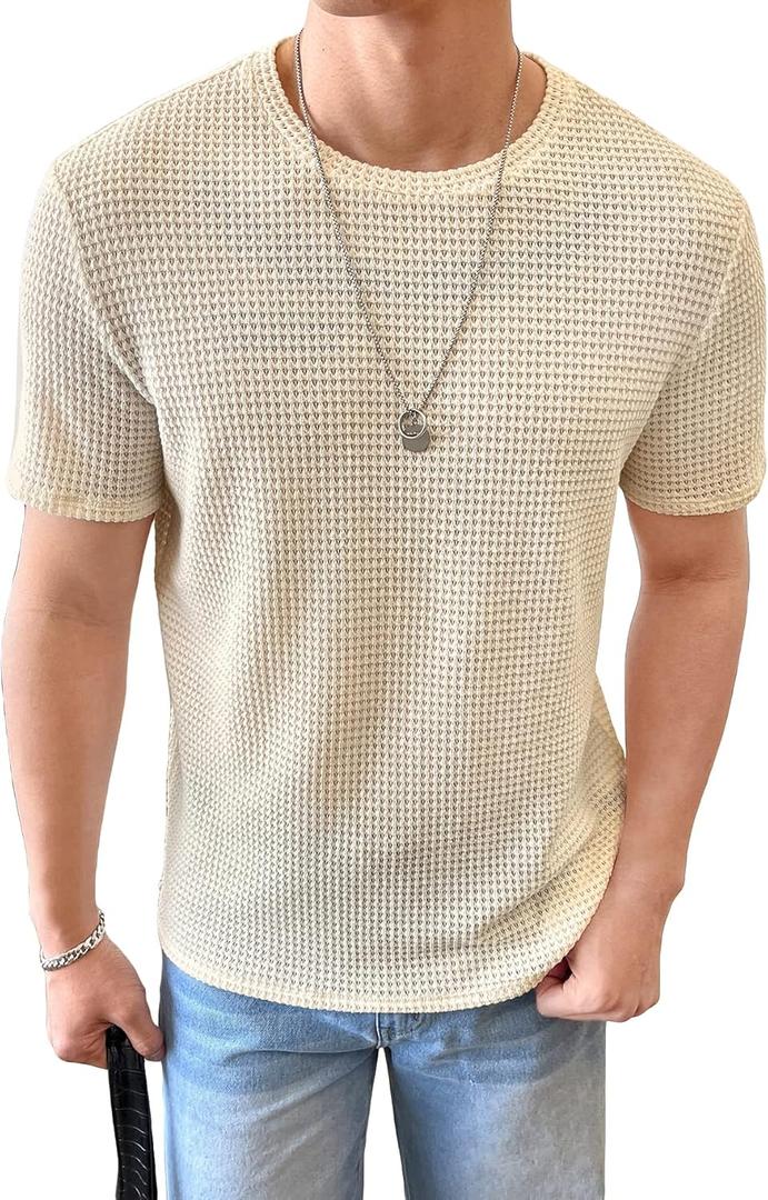 WDIRARA Men's Round Neck Short Sleeve Waffle Knit Tee Summer Casual T Shirt Tops (Beige, Medium)