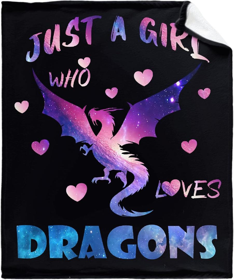 Just A Girl Who Loves Dragons Blanket Flannel Fleece Throw Blanket Microfiber Lightweight Soft Cozy for Couch Sofa Bed All Season Personalized Gift to Girls Women 60"x50" for Teens