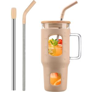 Glass Tumbler with Lid, 32 oz Glass Cup with Handle, Glass Water Bottles with Time Marker, 2 Straws - Pearl Straw & Silicone Protective Sleeve - Amber