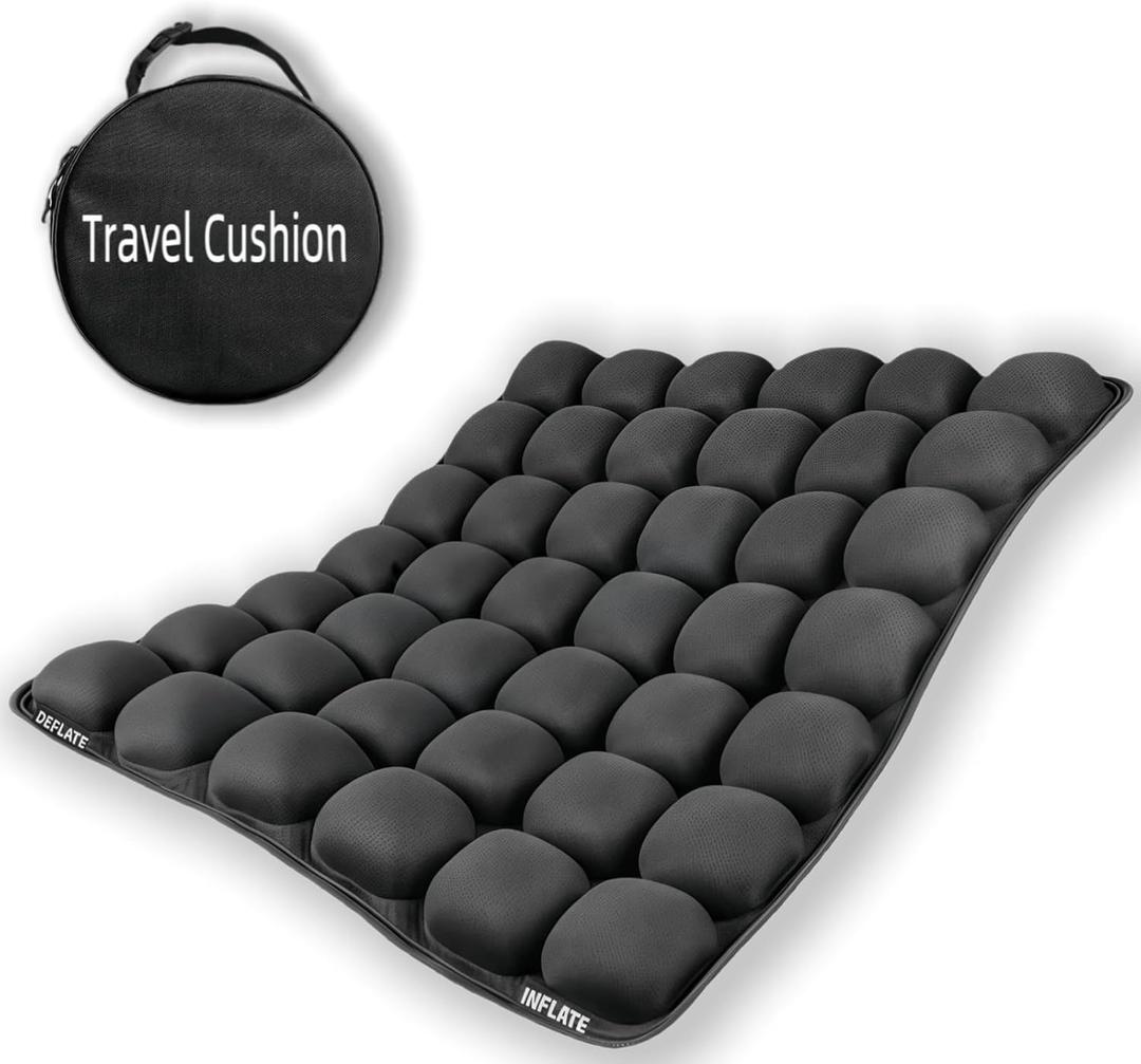 Travel Cushion Airplane Seat,Inflatable Air Bubble Design with Storage Bag for Car/Office/Kitchen Chairs.42 Air Cells, Adjustable Firmness, Non-Slip Bottom