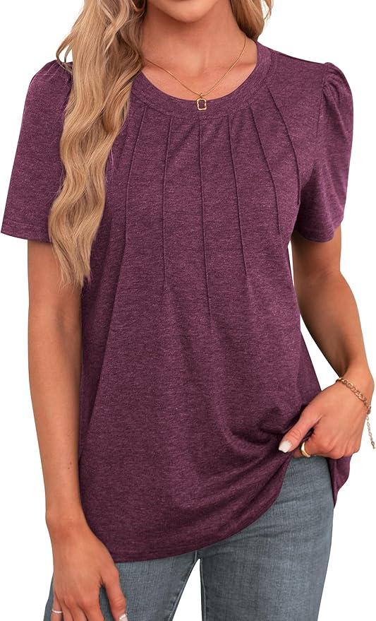 Agnes Urban Womens Tops Dressy Casual Short Sleeve Shirts Summer Loose T Shirts Trendy Tops Pleated Tunic Blouses, XL