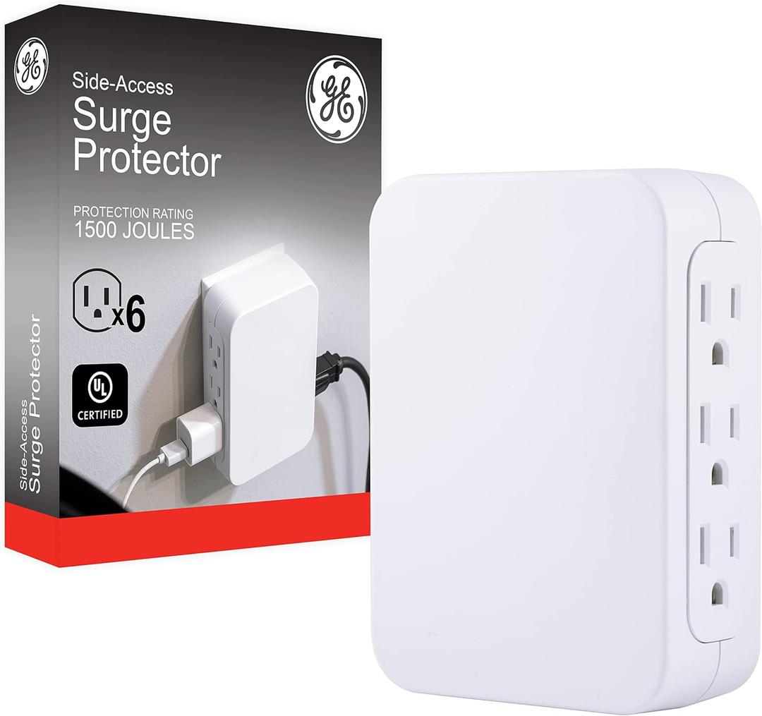GE Pro 6-Outlet Extender, Surge Protector, Side Access, Wall Tap Adapter, 3-Prong, 1200 Joules, UL Listed, White, 10353