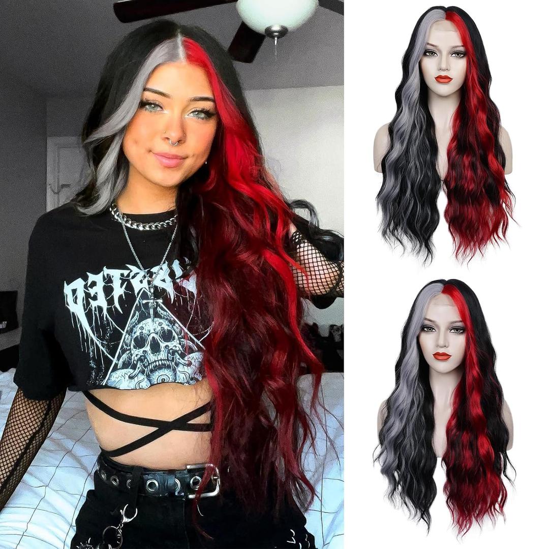 WECAN Black Red Gray Wig 28 Inches Long Black Red Wavy Wigs For Women Synthetic Hair Replacement Wigs Halloween Cosplay Daily Party Heat-Resistant Fiber Wig