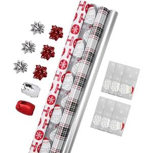 LaRibbons Christmas Wrapping Paper Set, Classic Santa Face & Plaid Design with Gift Bow & Ribbons & Tags, Perfect for Christmas, Holiday, Winter Party, Xmas, 30 Inch X 10 Feet (4Rolls, 100 sq.ft.ttl.)