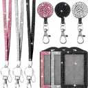 9 in 3 Sets 3 Color Upgraded Rhinestone Lanyard for ID Badges for Women Cute, Bling Mom Lanyards for ID Badges Teacher ID Card Holder Crystal Retractable Badge Reel for Student Kids