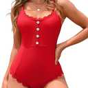 Charmo Womens One Piece Swimsuits Ribbed Scoop Neck Scalloped Bathing Suits Button Swimming Suit (Small, Green)