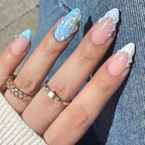 2 x Almond Press-On Nails - Medium French Tips Blue Glossy Full Cover for Women, 24 PCS (Blue 3D French)