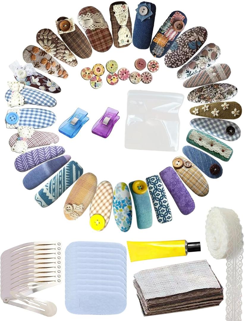 Gezan DIY Hairpin Accessories :10 PCS hair clips,10PCS Hairpin gasket, 2 PCS Sewing Clips, 10 PCS Cotton Quilting Fabric Bundles,One Lace Trim Ribbon Roll and Clear Glue