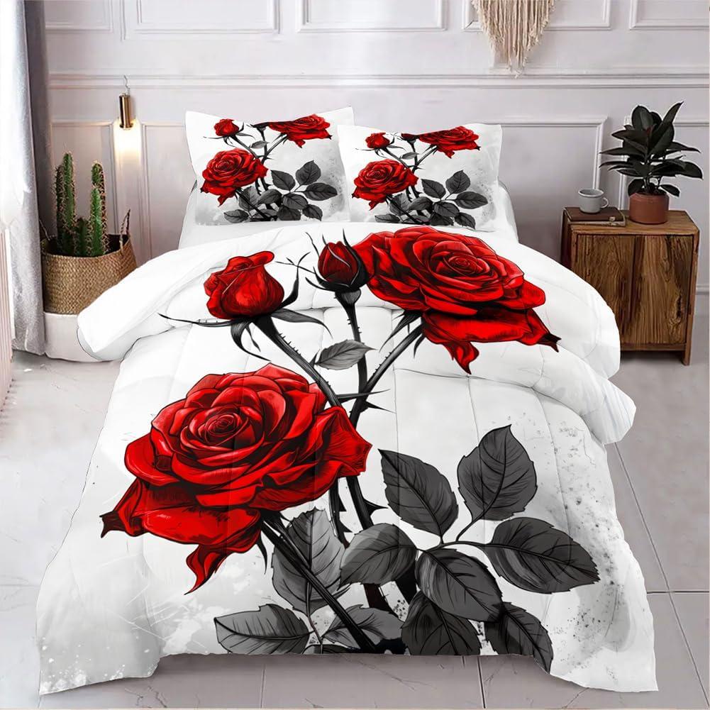Red Rose Comforter Set King Size 3 Pieces Romantic Roses Floral Bedding Set for Women Adult Stylish Aesthetic Bedding Soft Lightweight Comforter with 2 Pillowcases (King(104" x 90"))