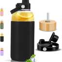 PROBTTL Glass Water Bottles 64 oz, Half Gallon Glass Water Bottle with Straw, Silicone Sleeve, 2 Lids - Handle Spout & Bamboo Straw Lid (Black)