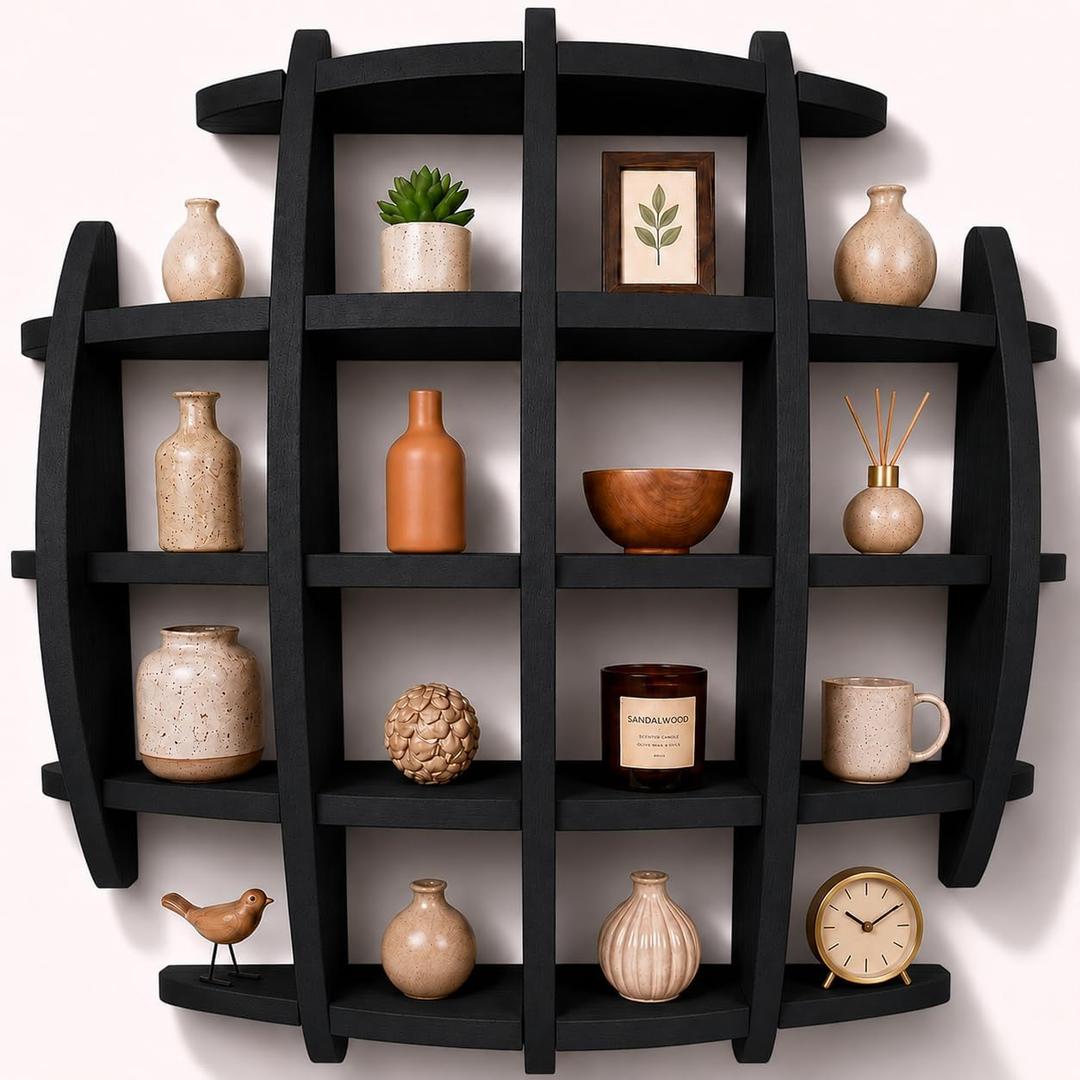 Circle Wall Shelf Wall Mounted - 22.5 Inch Wooden Circular Wall Shelf for Mug Display - Coffee Cup Display Round Wall Shelf - Wood Sphere Display Shelf - Mug Display Cabinet (Black)