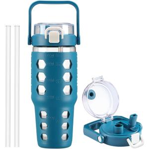 MUKOKO 32 oz Glass Tumbler with Straw,Glass Water Bottles with Time Marker,Iced Coffee Cup with Silicone Sleeve,Motivational Drinking Bottles,Leakproof-Steel Blue