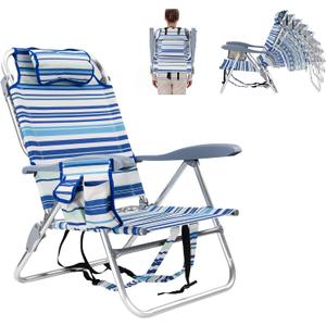 Portable Beach Chair for Adults Lightweight Outdoor Camping Chair Lay Flat Folding Backpack Beach Reclining Chair with 8 Positions Headrest Cup Holder Towel Bar Pouch, Blue Ocean Striped, 23"D x 23"W x 31.5"H