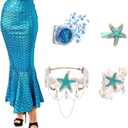 5 Pcs Halloween Mermaid Cosplay Costume Women Halloween Mermaid Starfish Hair Clip Necklace Sequins Shiny Skirt Armband (Large, Blue)