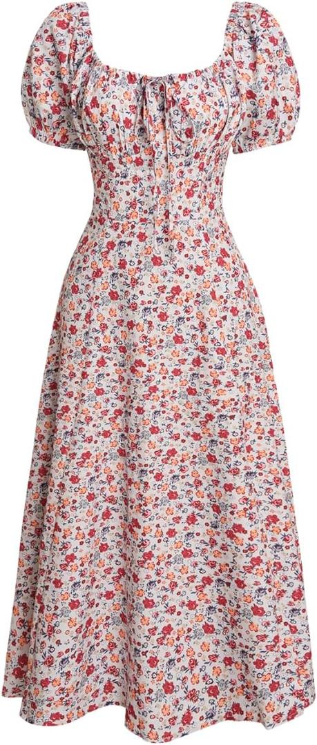 Women Summer Dresses Vintage Square Neck Adjustable Bust Floral Dress Short Puff A-Line Midi Dresses Sleeve (M)