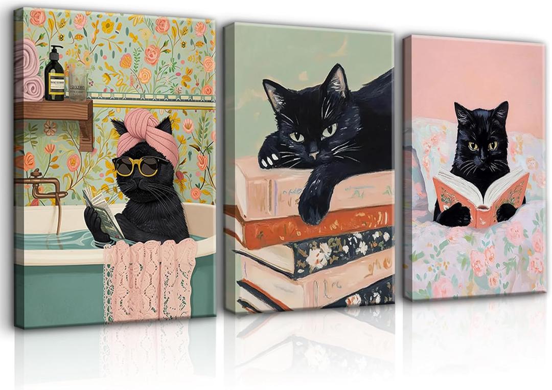 3Pcs Funny Cat Wall Art Bathroom Wall Decor Cat and Book Canvas Picture Pink Girl Room Poster Print Modern Preppy Style Painting for Bedroom Living Room Ready to Hang (16x24in Canvas)