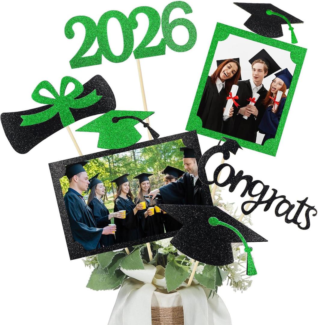Qinyoung 2026 Graduation Decorations 30 Pcs Glittering Graduation Centerpiece for Tables Sticks Class of 2026 Grad Photo Centerpiece Party Decoration for Table Toppers(Green)