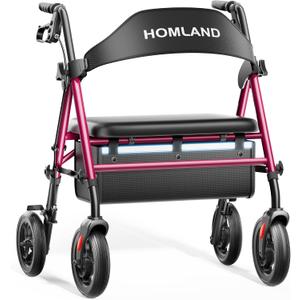 HOMLAND Bariatric Walkers for Seniors, 500lb Heavy Duty Rollator Walker with Extra Wide Padded Seat, 8 All Terrain Foldable Rolling Walker with Dual-Height Adjustable