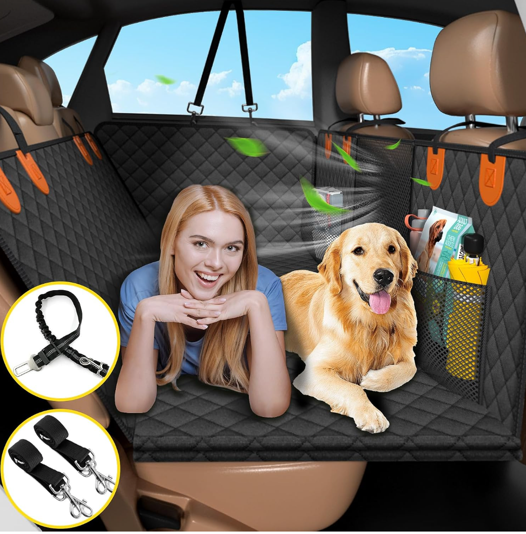 Car Seat Cover for Back Seat-Large Space,100% Waterproof Back Seat Extender for Dog with Hard Bottom,Scratchproof Nonslip,Dog Hammock with Mesh Window and Storage for SUV/Cars/Truck