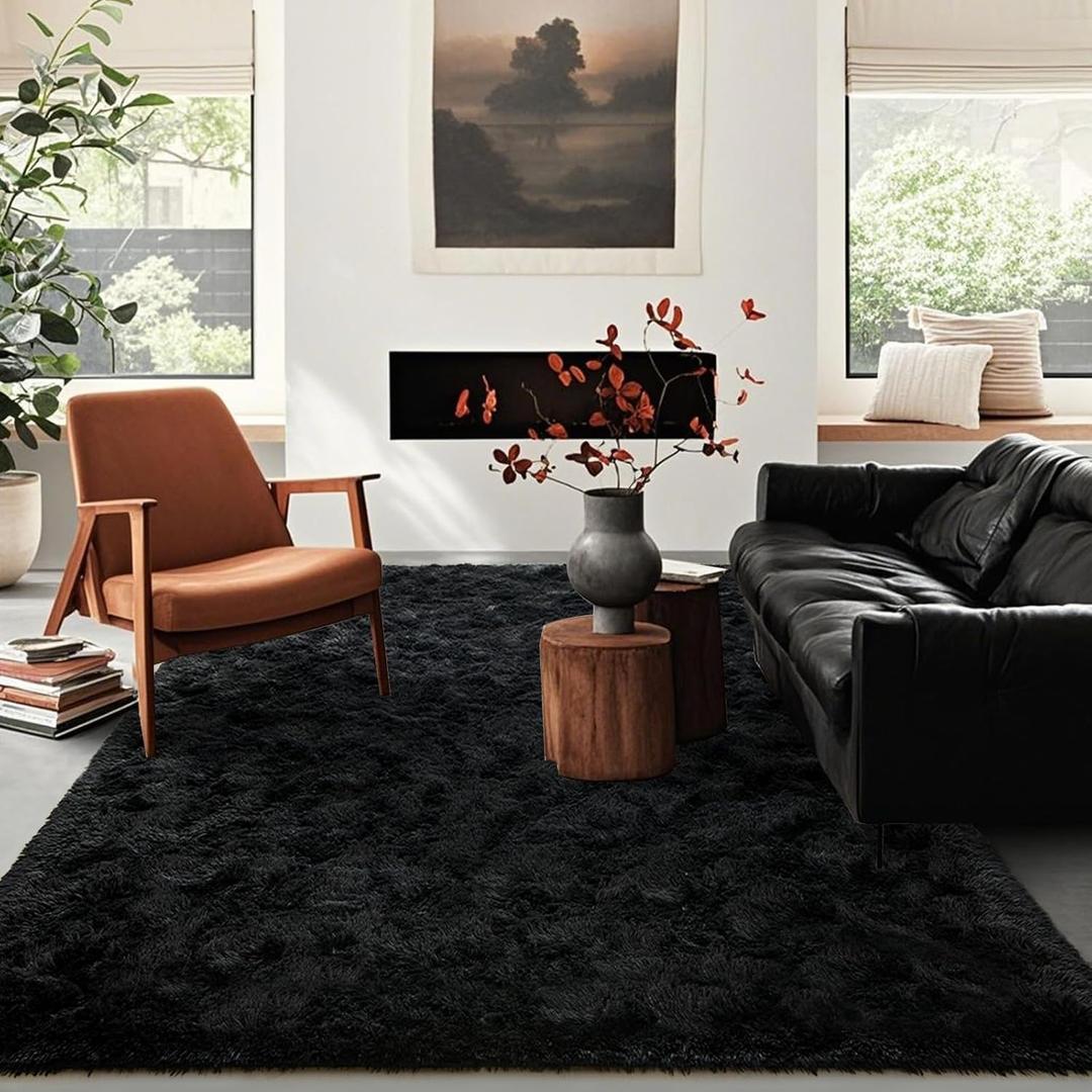Black Rugs for Living Room Fluffy 5x8 ft Bedroom Rug Non-Slip Area Rugs Shag Carpet for Nursery Kids PlayRoom Dorm Office Indoor Modern Plush Carpets Boys