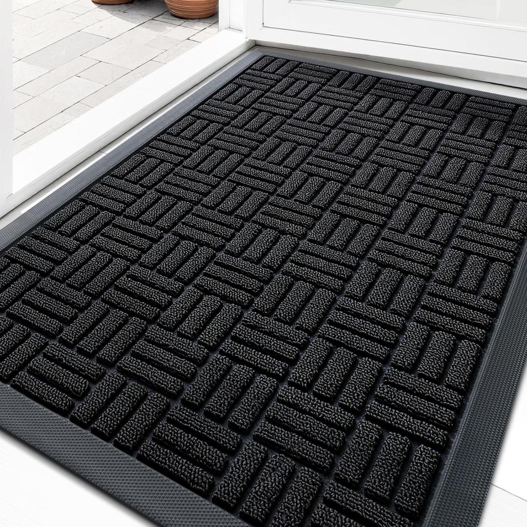 OLANLY Front Door Mat Outside Entrance 33x21, Absorbent, Heavy Duty Sturdy Natural Rubber Doormat Indoor Outdoor, Stain and Fade Resistant, Non-Slip Backing Low Profile Floor Mat for Entryway, Black