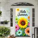Hello Summer Door Cover for Door Decorations Sunflower Door Banner Backdrop Summer Seasonal Porch Front Photo Background for Outdoor Decor Supplies 71 x 35 Inch