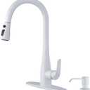 Kitchen Faucet with Soap Dispenser and Pull Down Sprayer - Stainless Steel Single Handle Kitchen Sink Faucet, 1 or 3 Hole Design for Modern Farmhouse Kitchens, Rv, and Bar Sinks(White)