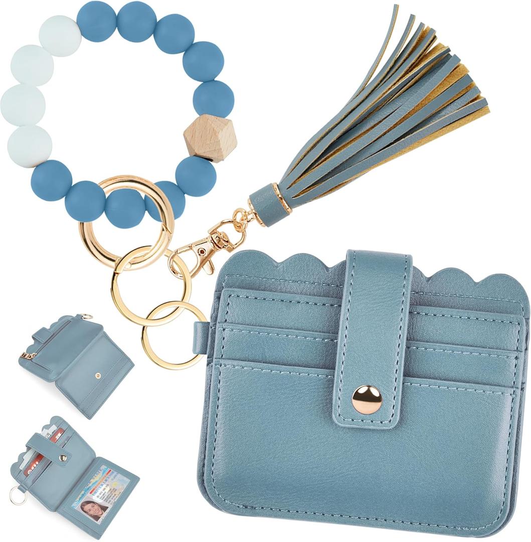 Wristlet Wallet for Women with Keychain RFID Card Holder Small Wallet Wristlet with Key Ring (Denim Blue)