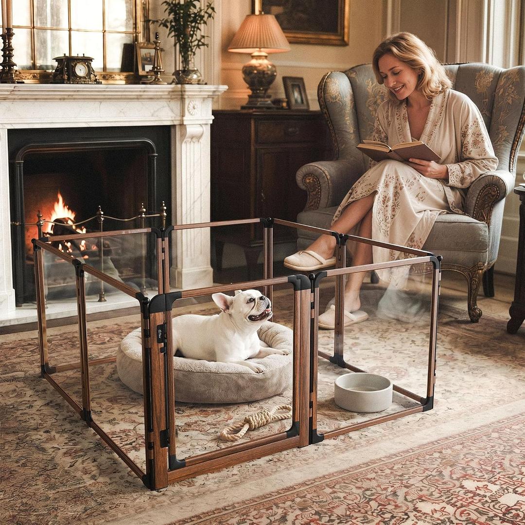FXW AuraSpace Pro Acrylic Indoor Dog Playpen, Heavy-Duty with Metal Frame, 24" Height 8 Panels for Puppies & Small Dogs, WalnutPatented