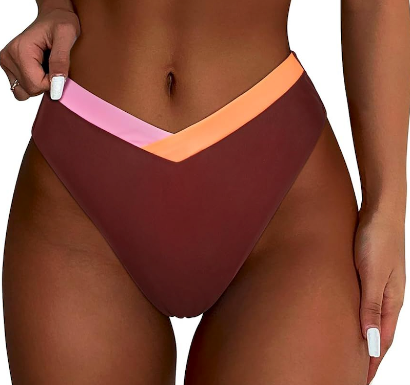 SUUKSESS Women Triangle High Cut Bikini High Waisted Bottoms (Large, 57 Brown Color Block)