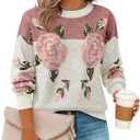 ZESICA Women's Floral Oversized Sweaters 2026 Fall Crewneck Long Sleeve Casual Chunky Knit Pullover Sweater Tops (Large, Pink)