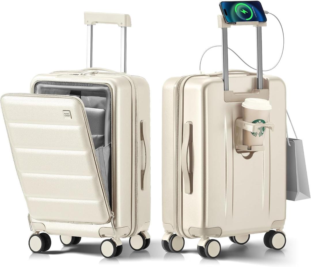 20 IN Carry On Luggage 22x14x9 Airline Approved - Front Pocket Hardside Travel Suitcase Unbreakable -with Cup Holder,Charging Port,Side Pothook, 360Spinner Wheels, TSA Lock-White