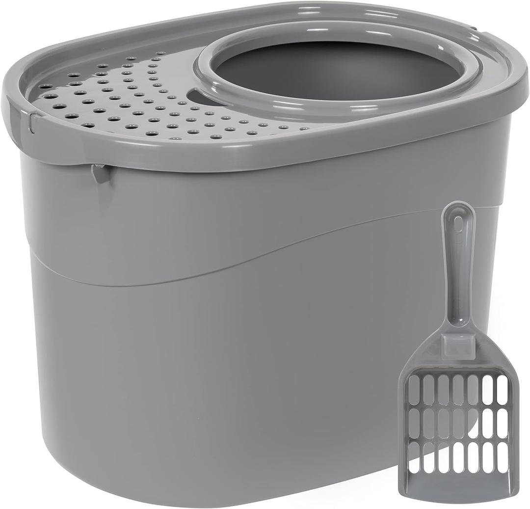 Amazon Basics Large Cat Litter Box with High Sides, Top Entry, Odor Control, Includes Scoop, 20.5 x 14.75 x 14.38 inches, Grey